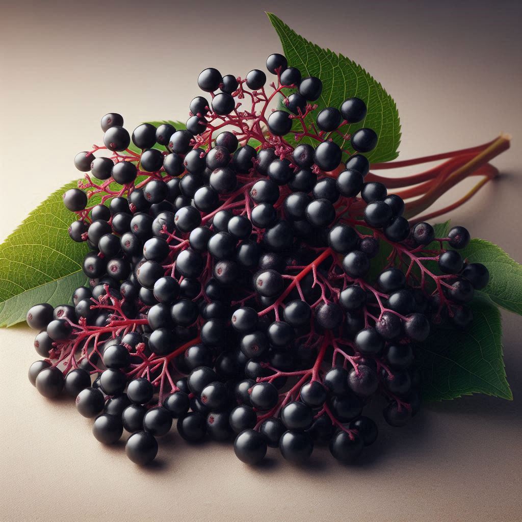 A highly detailed, realistic photo-style image featuring fresh elderberries in an organic, natural s