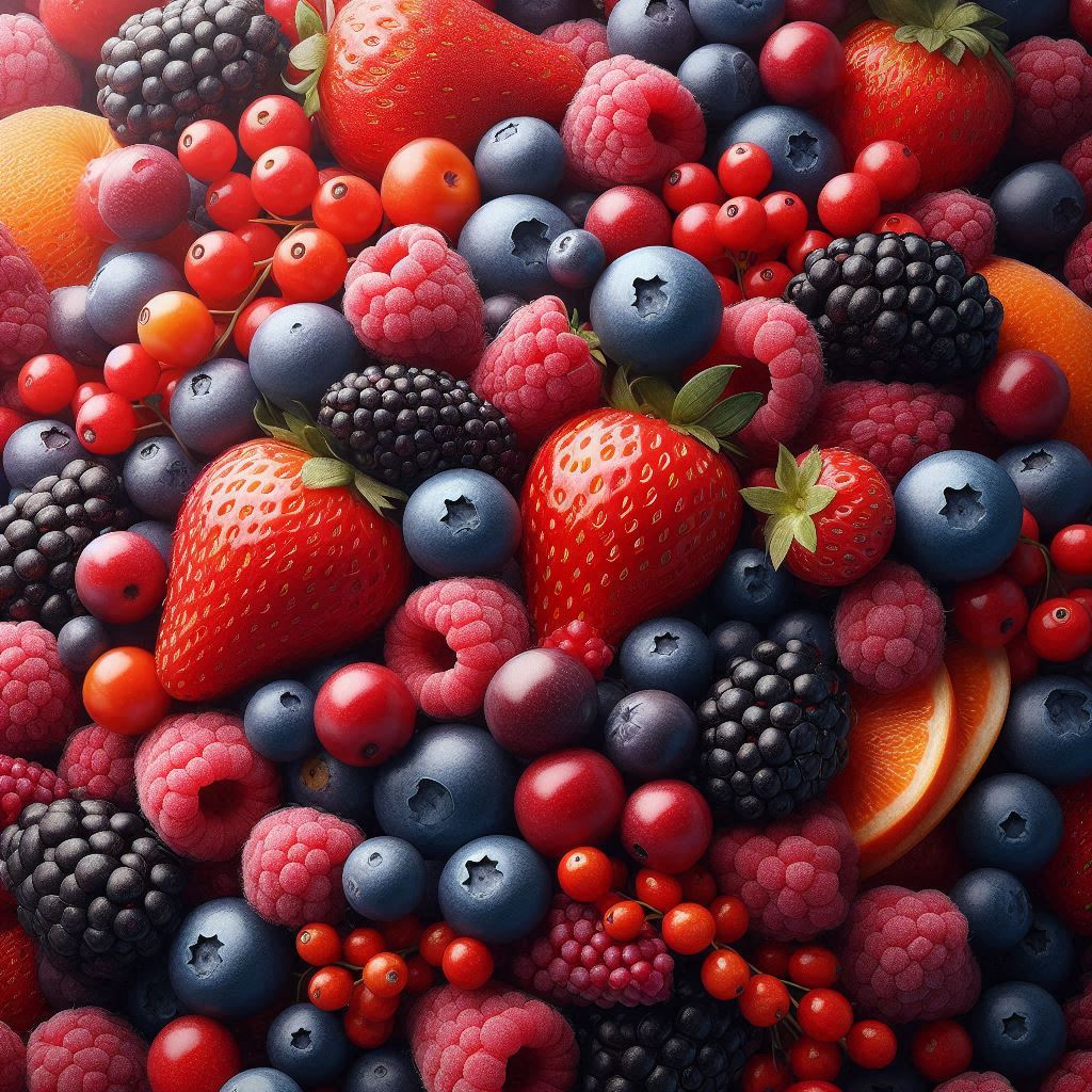 A highly detailed, realistic photo-style image filled with a rich variety of fresh berries, includin